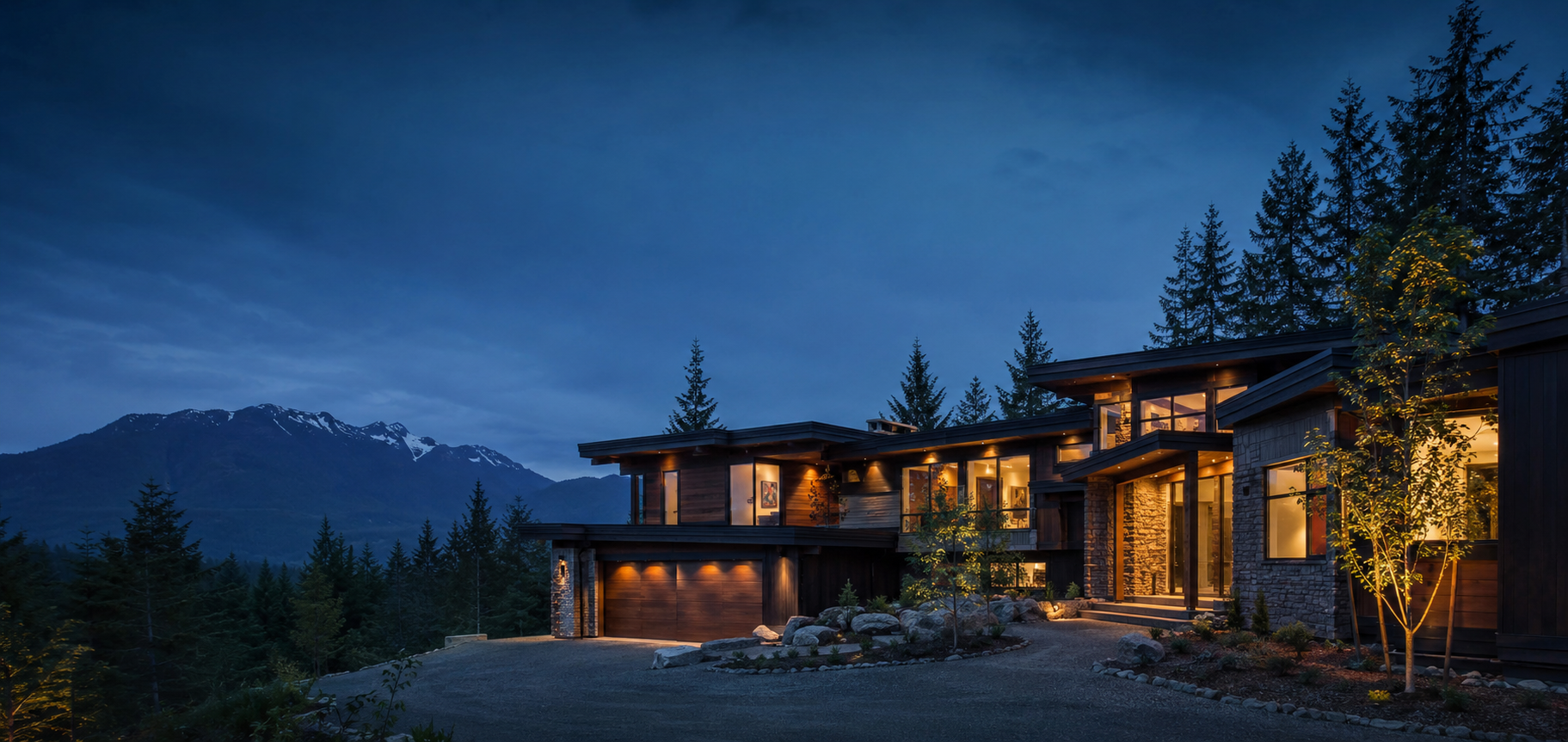 Modern mountain custom home with illuminated interior and exterior lighting at dusk