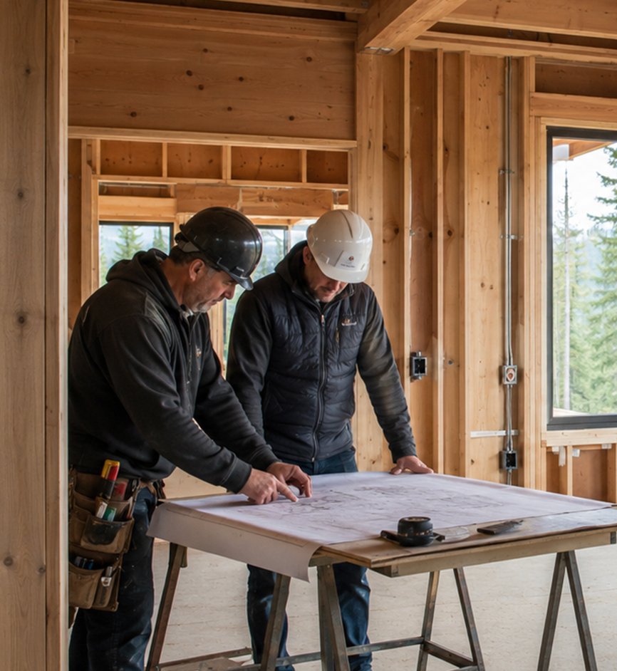 Electrician and builder reviewing electrical plans inside a custom mountain home under construction